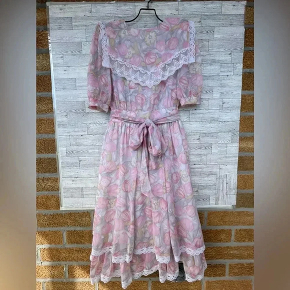 GUNNE SAX by JESSICA Mcclintock Pink Floral PRAIRIE VICTORIAN DRESS size 7 - Picture 3 of 16